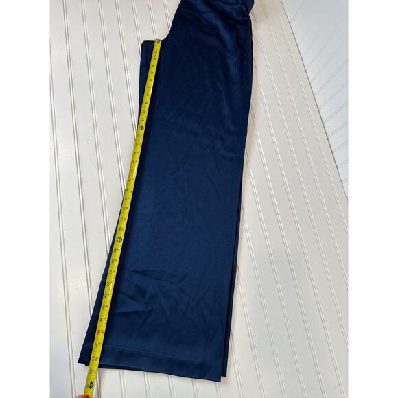 Halston Wide Leg Pants Navy Blue Satin Gorgeous High Waisted Belted Size 14 - Picture 4 of 8